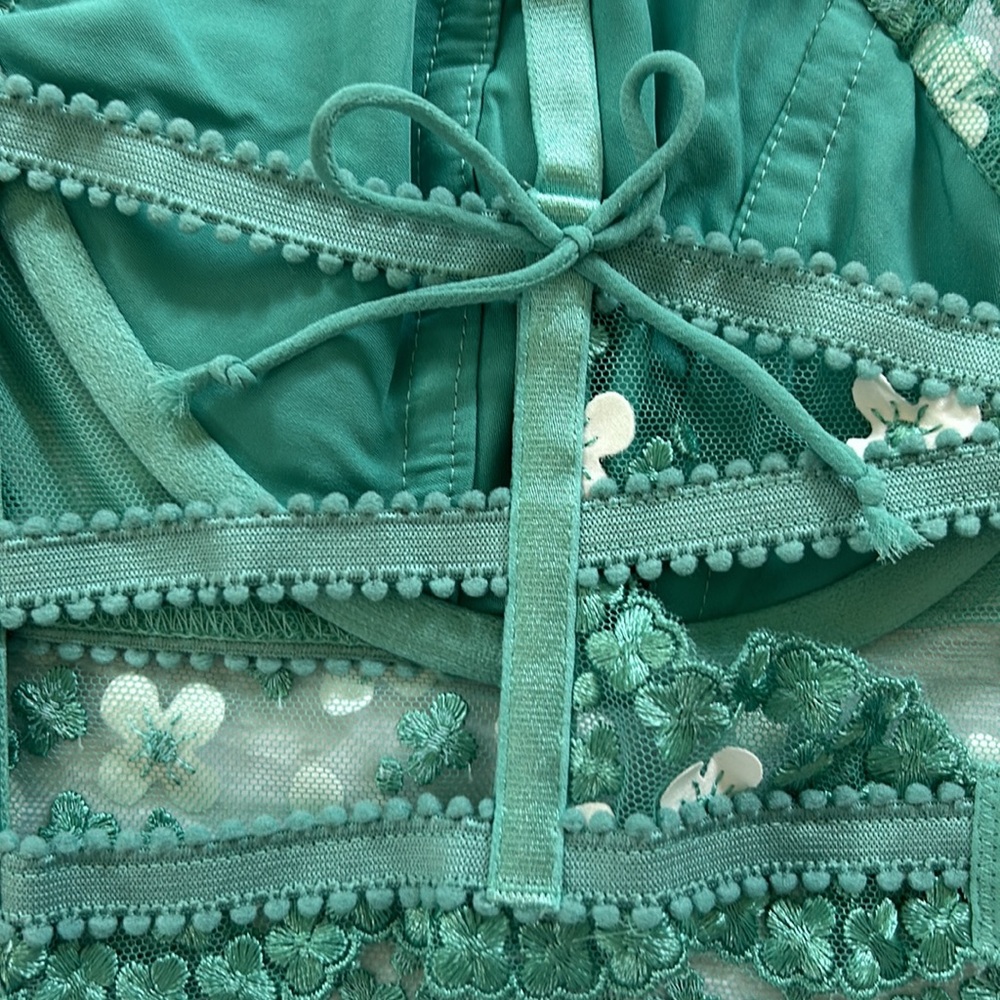 For Love & Lemons Daisy Embroidered Longline Bra Jade Teal White Size 38C - Picture 8 of 12